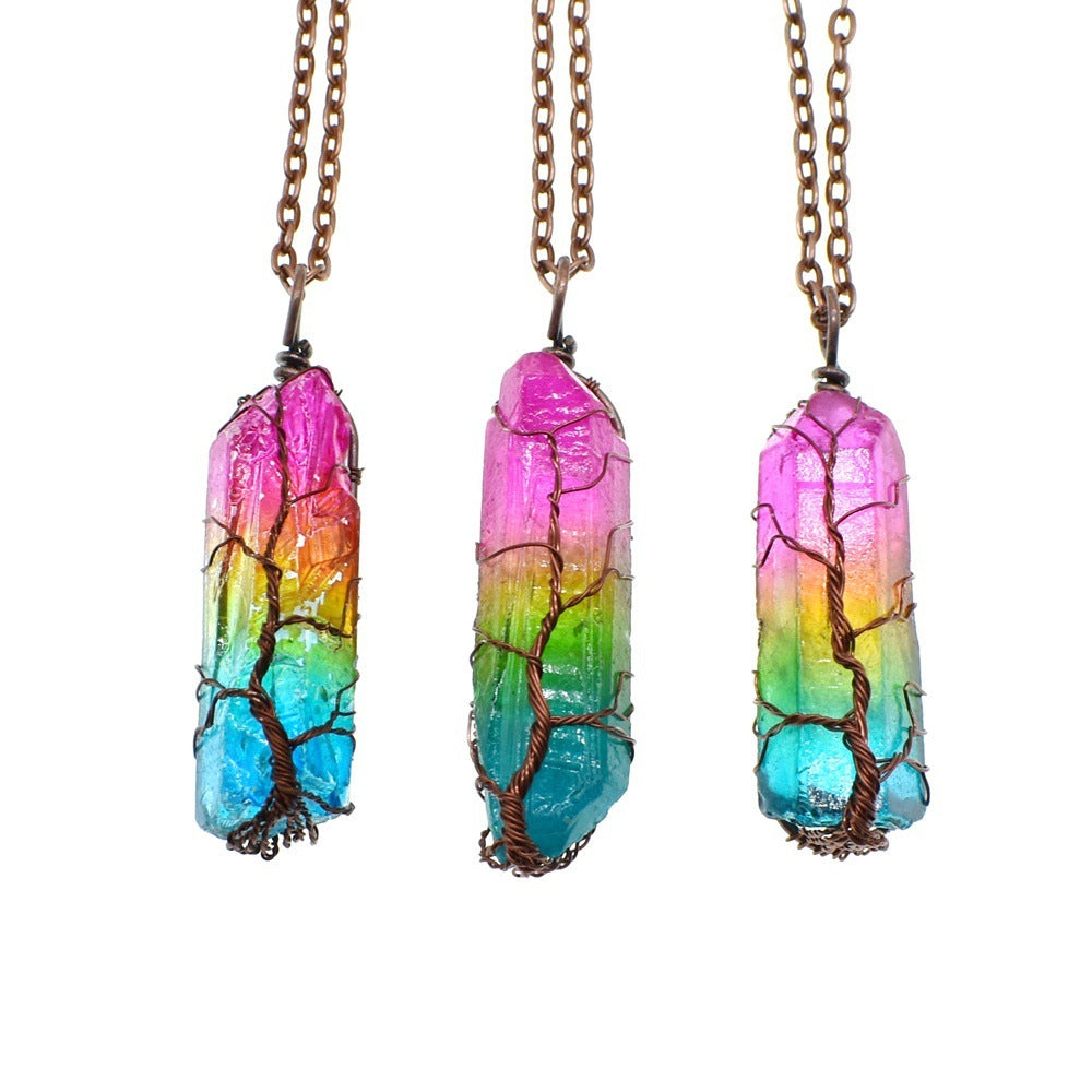 Elegant Stone Crystal Tree of Life Pendant Necklace