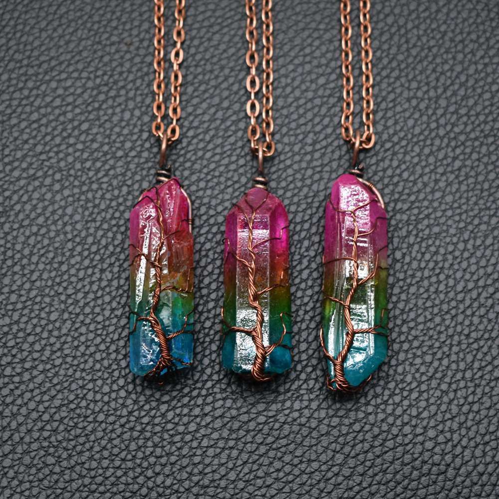 Elegant Stone Crystal Tree of Life Pendant Necklace